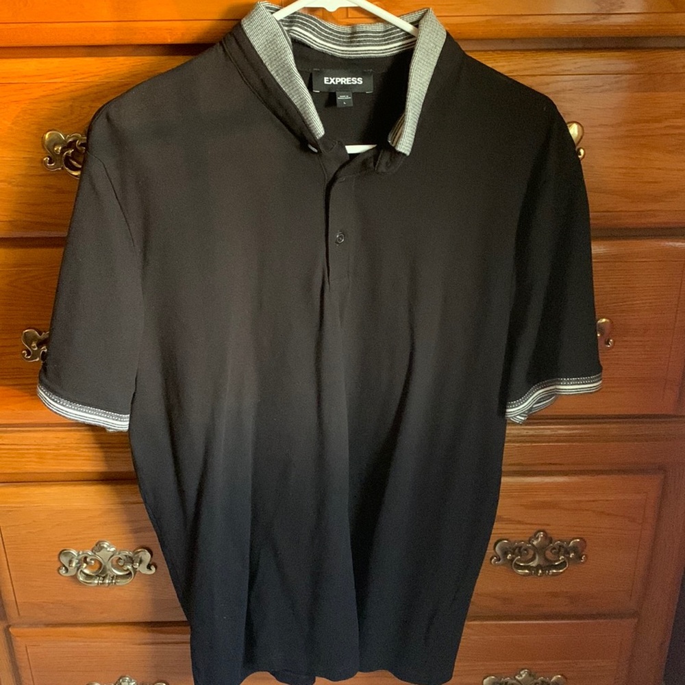Men’s Express L Black Striped Flat Knit Collar Luxe Pique Polo.